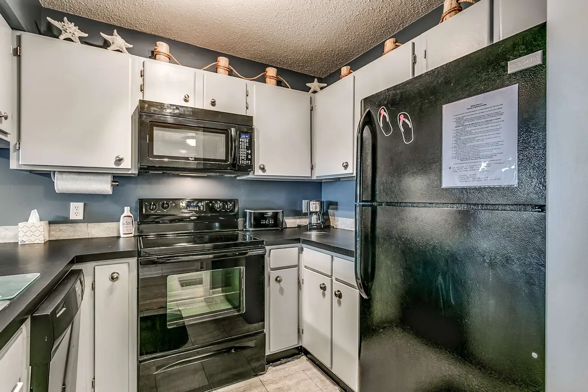 A cozy, inviting kitchen featuring black appliances, crisp white cabinets, and well-chosen decorative items on open shelves. The space is uncluttered yet homey, with ample counter space for meal preparation. The kitchen’s open design hints at a connection to adjacent living and dining areas, supporting social interaction while cooking.